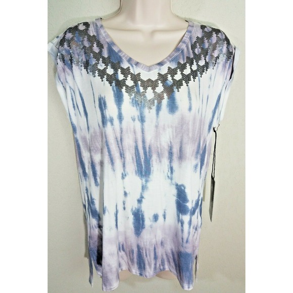 Womens Rock & Republic Sequin Tie Dye Tee Blue Silver Lilac Cap Sleeve Sz M NWT - Picture 2 of 5